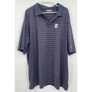 True Fan MLB Detroit Tigers Mens L Striped Polo‎ Golf Shirt Navy Blue Orange